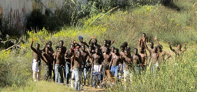 Decenas de inmigrantes, en la valla de Melilla, en una imagen de archivo. EFE 