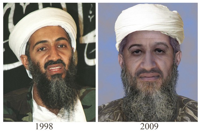 Imagen proporcionada por el departamento de Estado de EEUU y el FBI en la que se muestra una imagen real de Bin Laden y otra en la que, gracias a la informática, se recrea su supuesta imagen en el año 2009. 15 de enero del 2010.