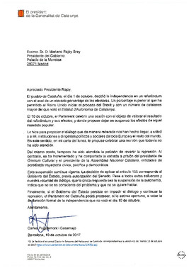 Segunda carta de Puigdemont a Rajoy.