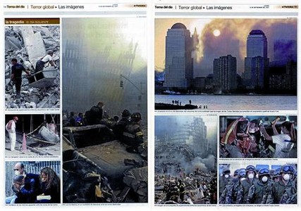 Arriba, página doble visual del Tema del Día de los atentados del 11-S, en el 2001. Abajo, el primer titular de portada, del 26 de octubre de 1978, ilustrativo de que nacía una nueva manera de explicar las cosas.