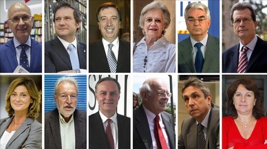 Arriba: Josep Antoni Duran Lleida, Jordi Hereu, Eugeni Gay, Victoria Camps, Carles Gasòliba, Josep Miró i Ardèvol. Abajo: Montse Abbad, Joan Tapia, Carlos Losada, Eugeni Bregolat, Josep Maria Carbonell y Mercedes García Aran.