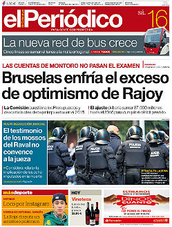 "Bruselas enfría el exceso de optimismo de Rajoy", en la portada de EL PERIÓDICO DE CATALUNYA