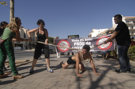 L'associació Animal Naturalis realitza una performance de bou capllaçat a Sant Carles de la Ràpita, ahir.