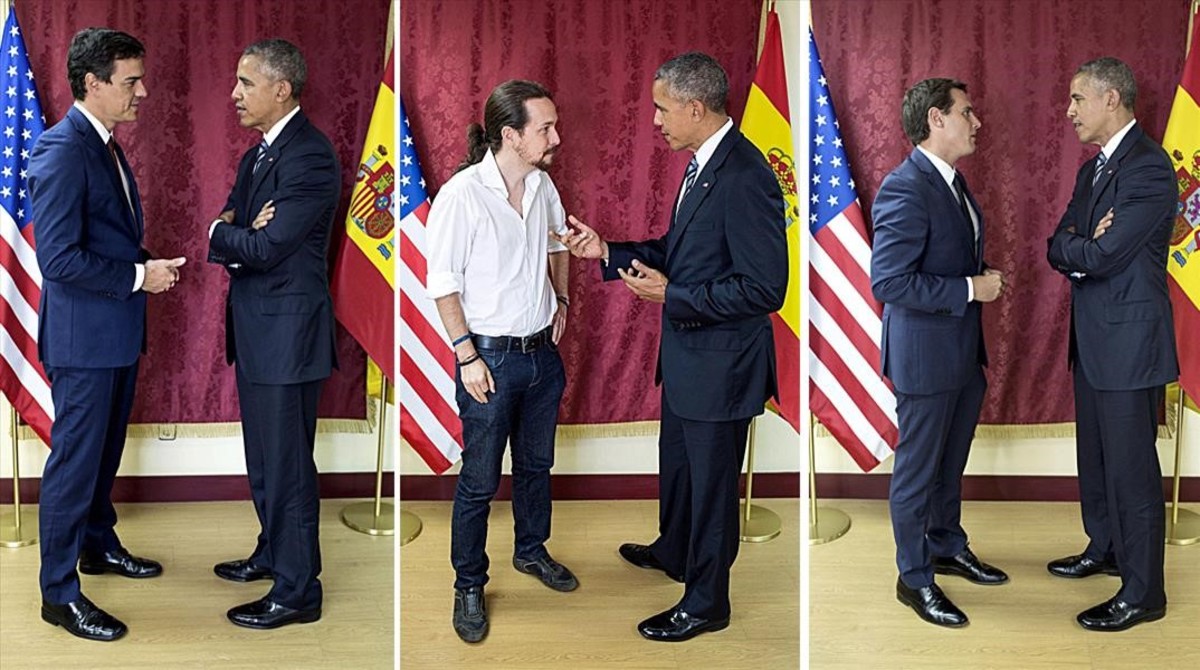 De izquierda a derecha, Obama con Sánchez, Iglesias y Rivera, el pasado domingo.