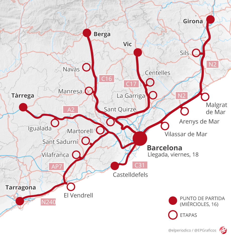 mapa carreteras cortadas Marxes per la Llibertat: Recorrido y horario