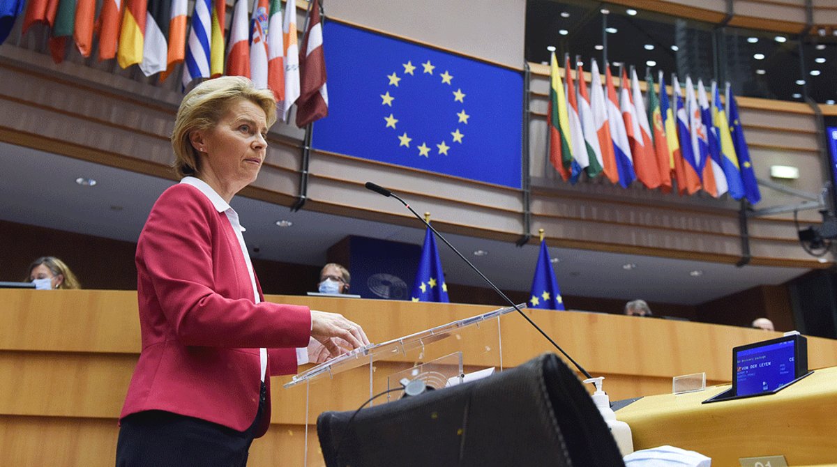 La presidenta de la Comisión Europea, Ursula von der Leyen, durante la presentación del plan de recuperación de la eurozona tras la crisis del coronavirus, este miércoles 27 de mayo.