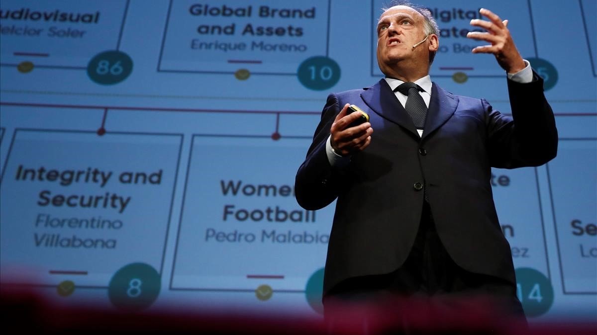 Tebas, el presidente de la Liga de Fútbol Profesional, en el World Football Summit, que se celebró en Madrid.