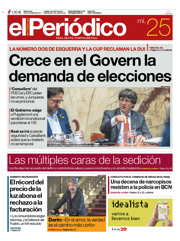 La portada de EL PERIÓDICO del 25 de octubre del 2017