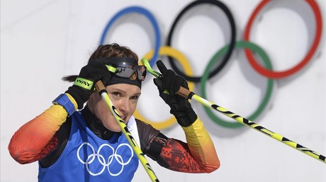 Evi Sachenbacher-Stehle durante un entrenamiento durante los Juegos Olmpicos de Invierno de Sochi