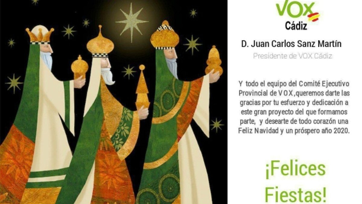 En la felicitación navideña de Vox Cádiz los 3 Reyes Magos son blancos