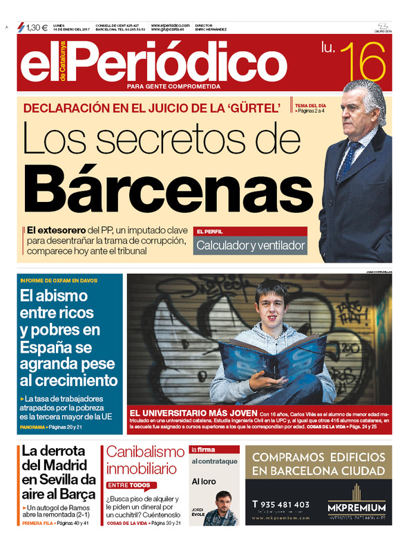 La portada de EL PERIÓDICO del 16 de enero del 2017
