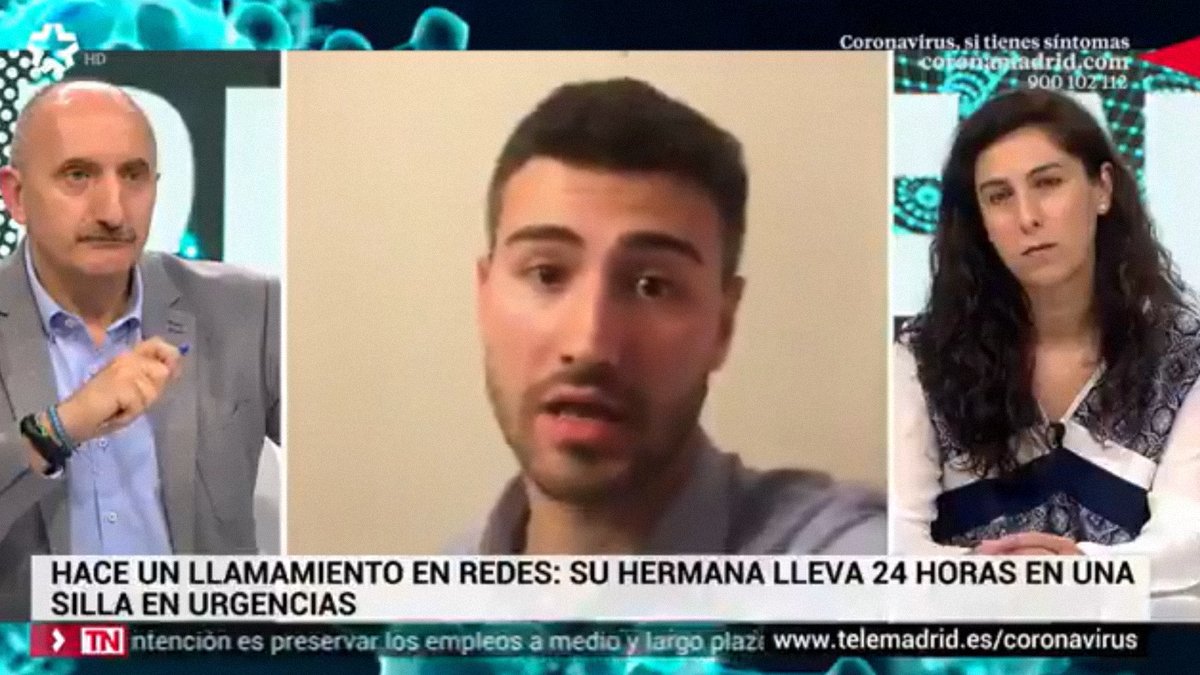 Un periodista de Antena 3 denuncia en Telemadrid que su hermana con coronavirus pasó 24 horas en el pasillo de un hospital