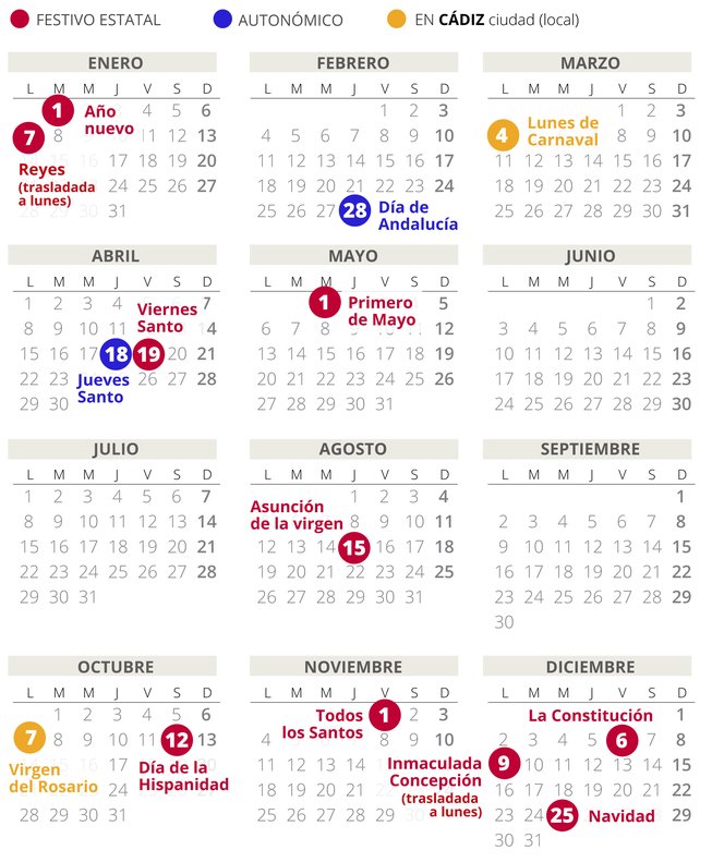 CALENDARIO laboral CÁDIZ 2019 (con todos los FESTIVOS)