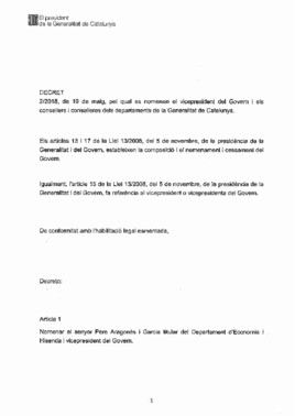 Decreto de nombramientos del nuevo Govern de Quim Torra.